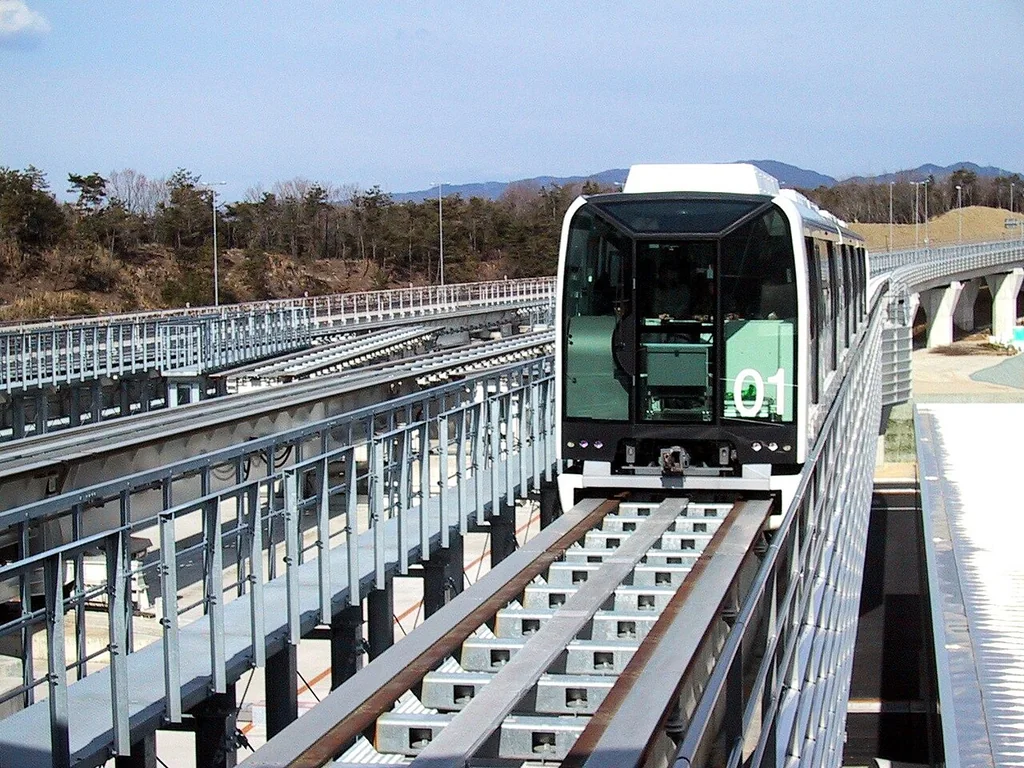 白绿色 Linimo 列车沿高架磁悬浮导轨驶近车站